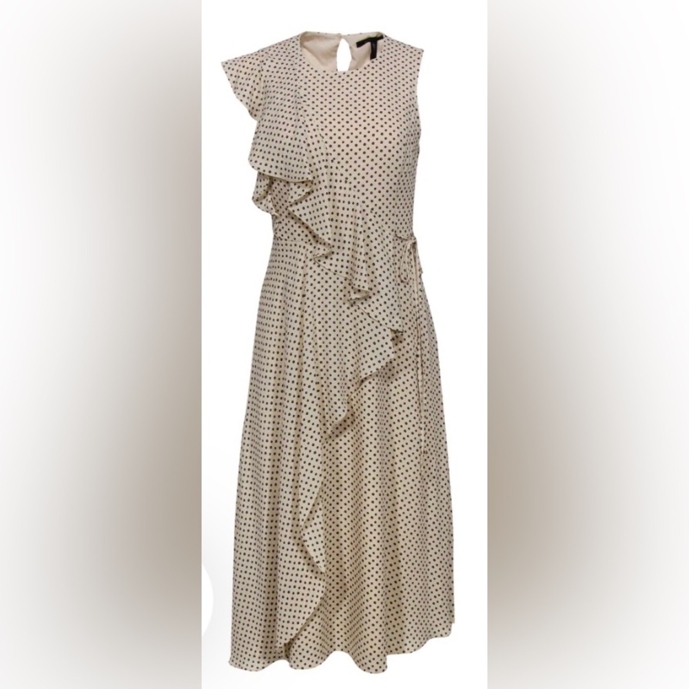 NWT BCBGMaxAzria - Cream & Navy Floral Polka Dot Ruffle Faux Wrap Dress M